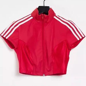 adidas Originals zip crop top in red with white stripe detail